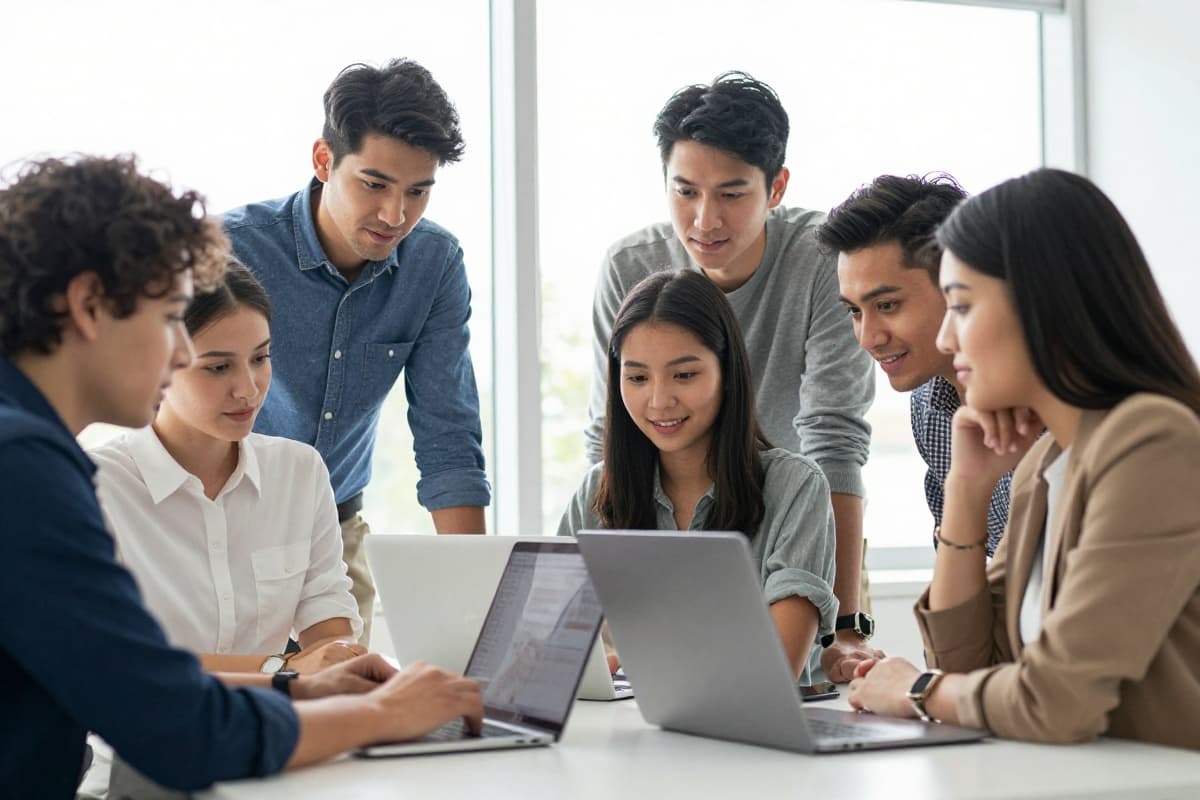 Team collaborating around a laptop in a bright office